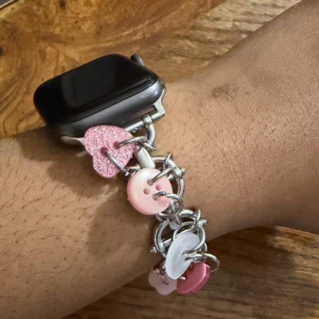 AppleWatch専用ピンクサファイア&シルバー925製チャーム&ラバーバンド Cute Apple Watch Strap,handmade Wrist Strap for Apple Watch,pink