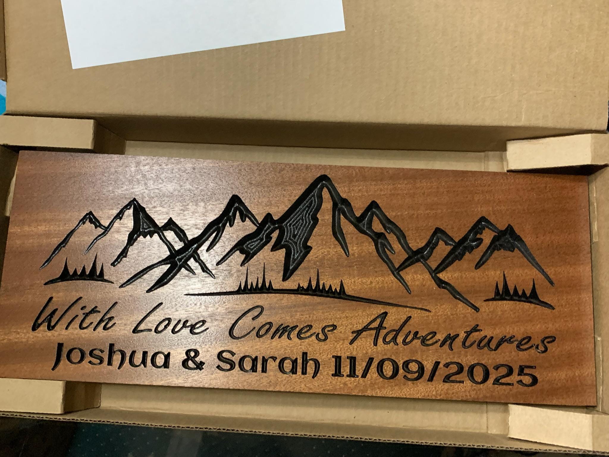 Custom Carved Mountain Wall Art - Unique Anniversary or Wedding Gift with Family Name Established Date Wood Sign, with Love Comes Adventure