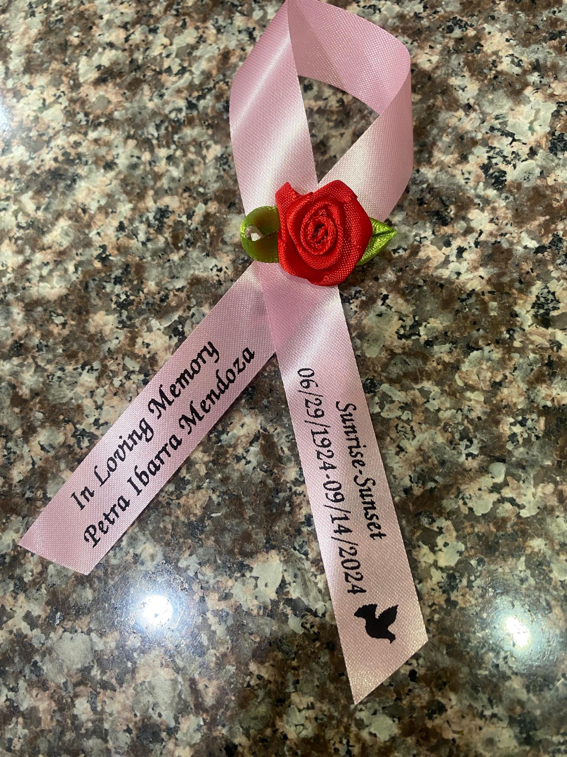 Personalized Memorial Ribbons with Pins for Funeral or Celebration of Life Assembled Fundraiser Awareness Ribbon - Rose Center Decoration