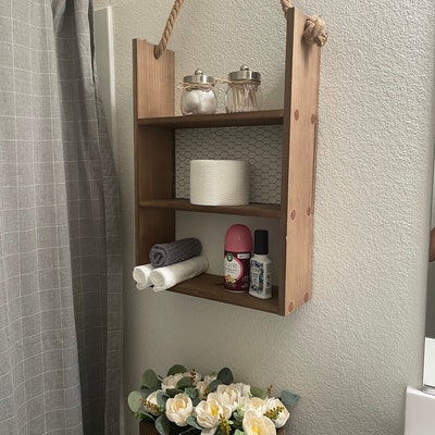 Rustic Wooden Bathroom Decor, Rope Hanging Bathroom Shelves, Farmhouse ...