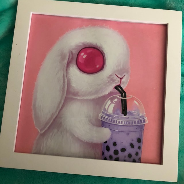 Bunny Art Print Kawaii Art, Pop Surrealism, Big Eyes, White Rabbit, Bubble  Tea, Creepy Cute, Lowbrow Art, Painting, Pastel Pink, 10x10 