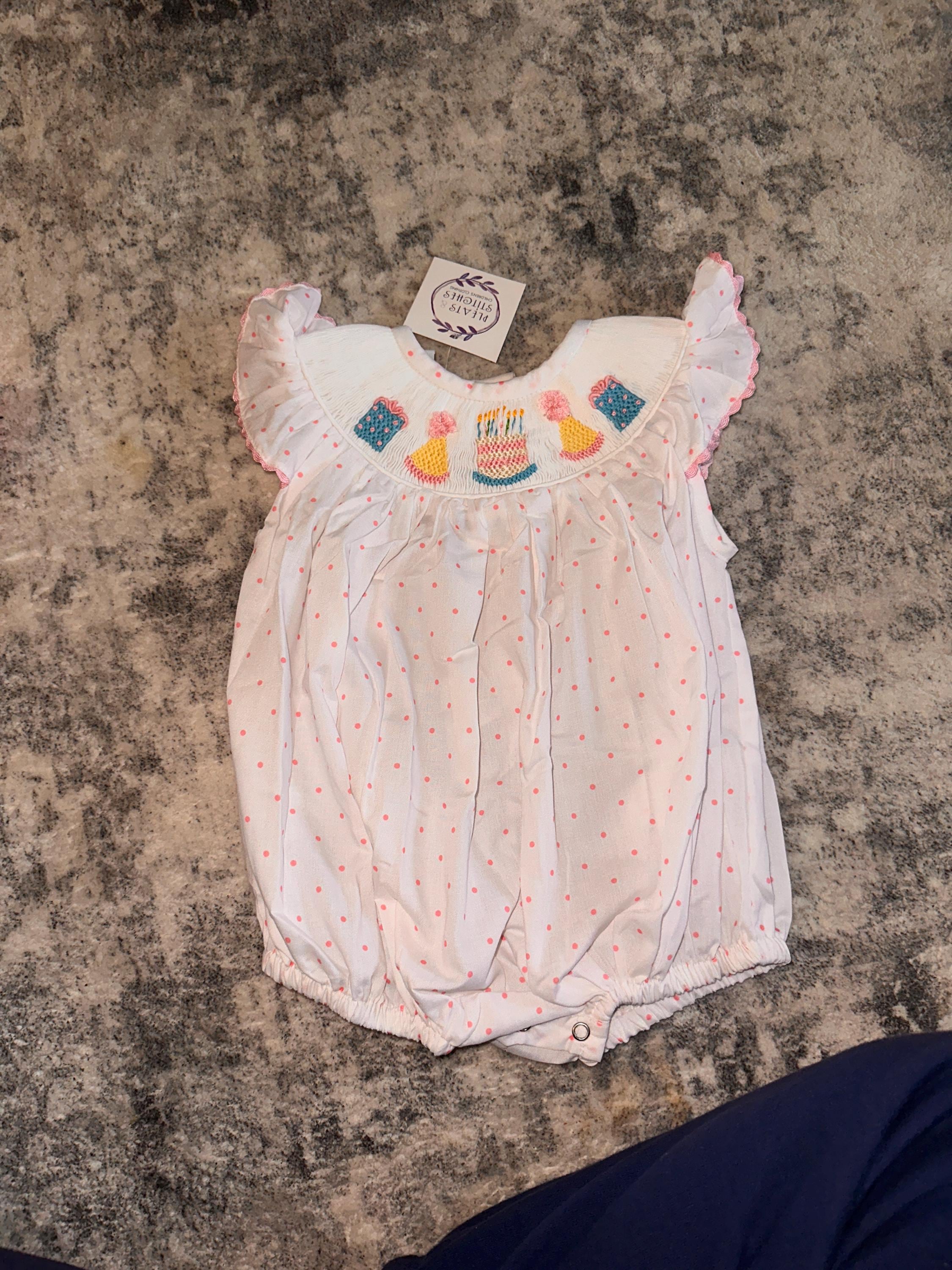 Smocked Birthday Bubble Romper in Polka Dots & Flutter Sleeves   - Birthday Party Outfit, Baby girl, Heirloom, Machine Washable 641 *C