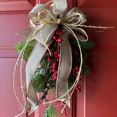 Christmas Wreath / Rustic Christmas Ticking Bow Christmas - Etsy