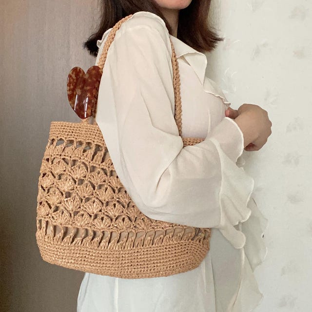 Crochet Raffia Tote Bag, Straw Shoulder Bag, French Market