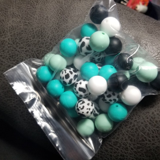 Turquoise & Mint Cow Print Silicone Bead Mix, 50 or 100 BULK Round