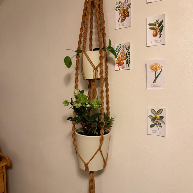 Lot De 2 Pots Suspendus Macramé Avec Socle Bois - Hauteur 93 Cm - Noir - Pour Intérieur, Mur Ou Plafond - Décoration Plantes - 10