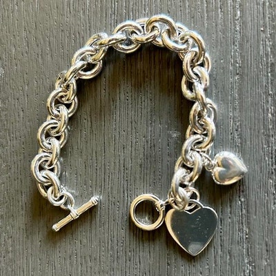 Rolo Chain Heart Bracelet, Statement 925 Silver Bracelet, Silver Chunky ...