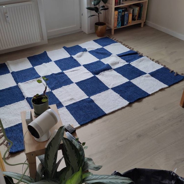 Checkerboard Blue and White 5x7 Rug , Living Room Rug, Check Area