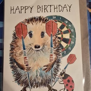 3593 Darts Player HAPPY BIRTHDAY Card Hedgehog This Can Be