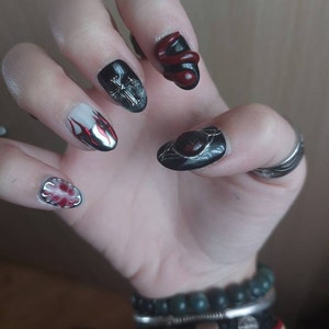 Custom Red Eye Snake Press On Nails, Gothic Punk Rock Cross Nails, Goth Y2K Dark Black Fake Nails