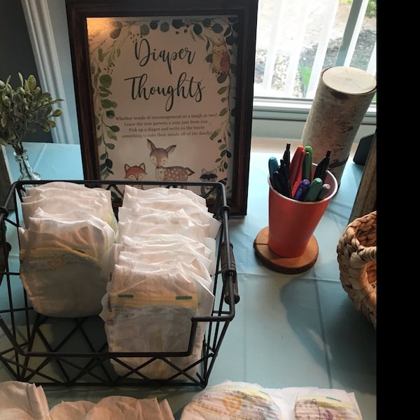 Woodland Baby Shower Diaper Thoughts Game Sign, Late Night Diaper ...