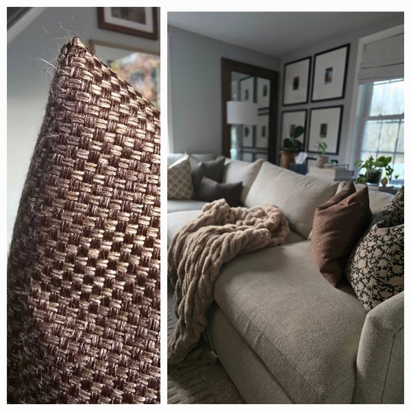 Chocolate Brown and Light Brown Linen Pillow Cover, Basketweave Woven