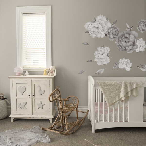 Peony Wall Decals Black and White, Floral Wall Decals, Watercolor ...