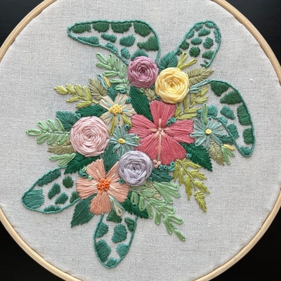 PDF Pattern Tropical Turtle, Floral Shell Sea Turtle Embroidery ...