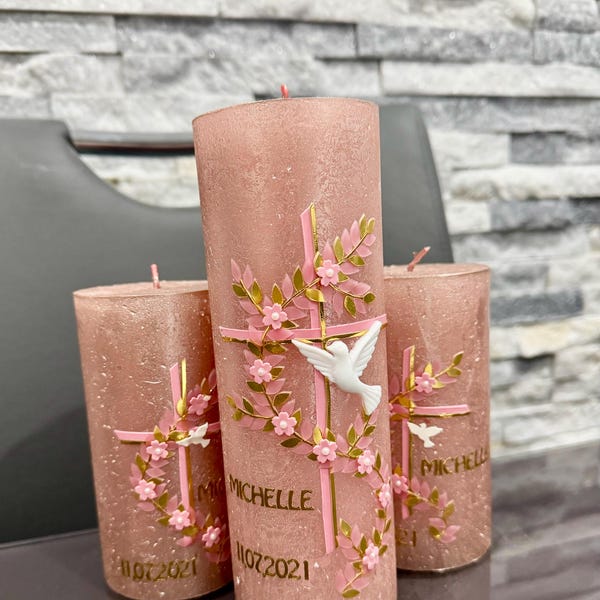 Taufkerze Rustik Sophie – Individuell Mit Name & Datum, Handverziert, 19x6,8 Cm, Wahl: Klassischer Docht