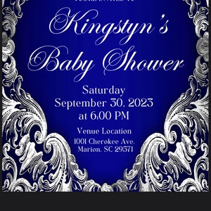 Royal blue and silver baby shower invitations sales