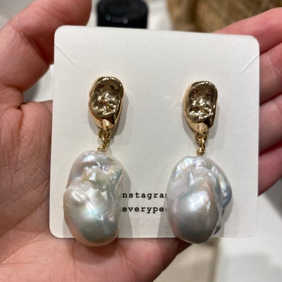 Large Baroque Pearl Drop Earrings White Fireball Baroque Minimalist ...
