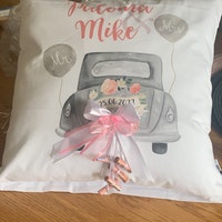 Personalisierbares Hochzeitskissen 40x40 Cm – Mit Camping-Bus Motiv, Aus Baumwolle, Ohne Füllung