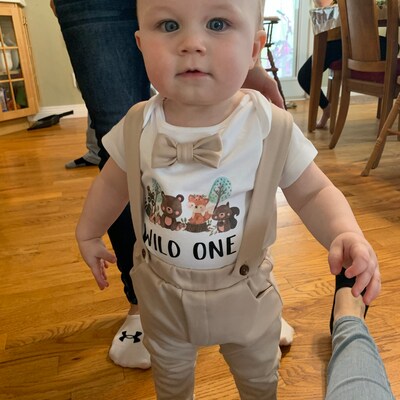 Woodland 1st Birthday Boy Outfit First Birthday Boy Woodland Wild One Beige Pants With Suspenders With Bow Tie Forest Raccoon Bear Fox