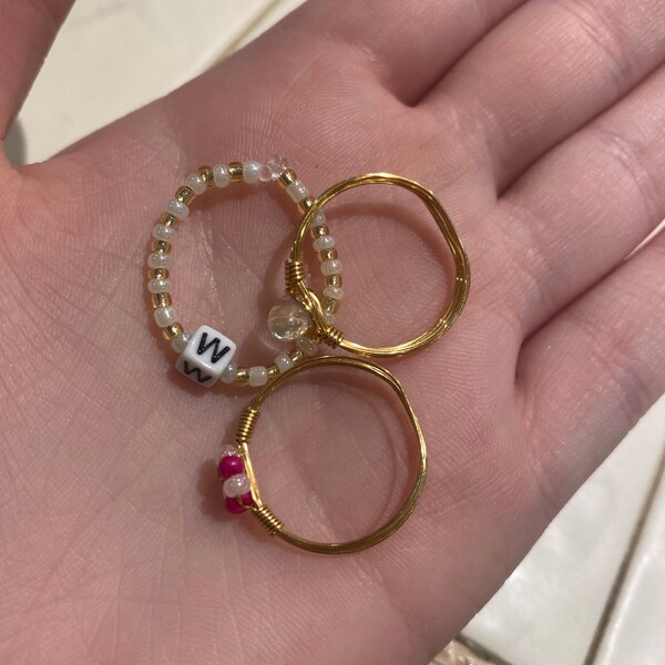 Beaded Letter Rings, Initial Rings, Pearl Beaded Rings, Elastic Rings ...