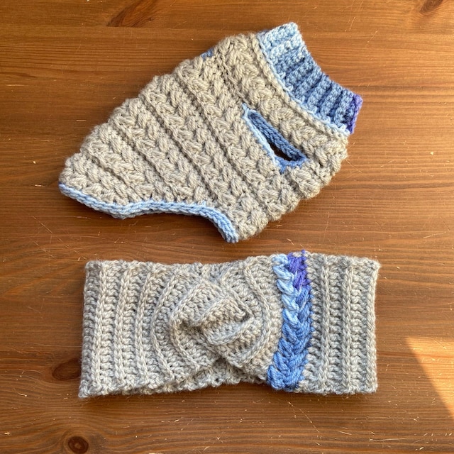 A customer's finished Crochet Cardigan, Mittens and Ear Warmer Pattern Bundle