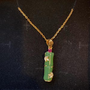 Dark Green Jade Bamboo Necklace with gold filled Chain , Nephrite Jade Pendant Necklace,Tiny Link Chain, Best Bridesmaid Gift