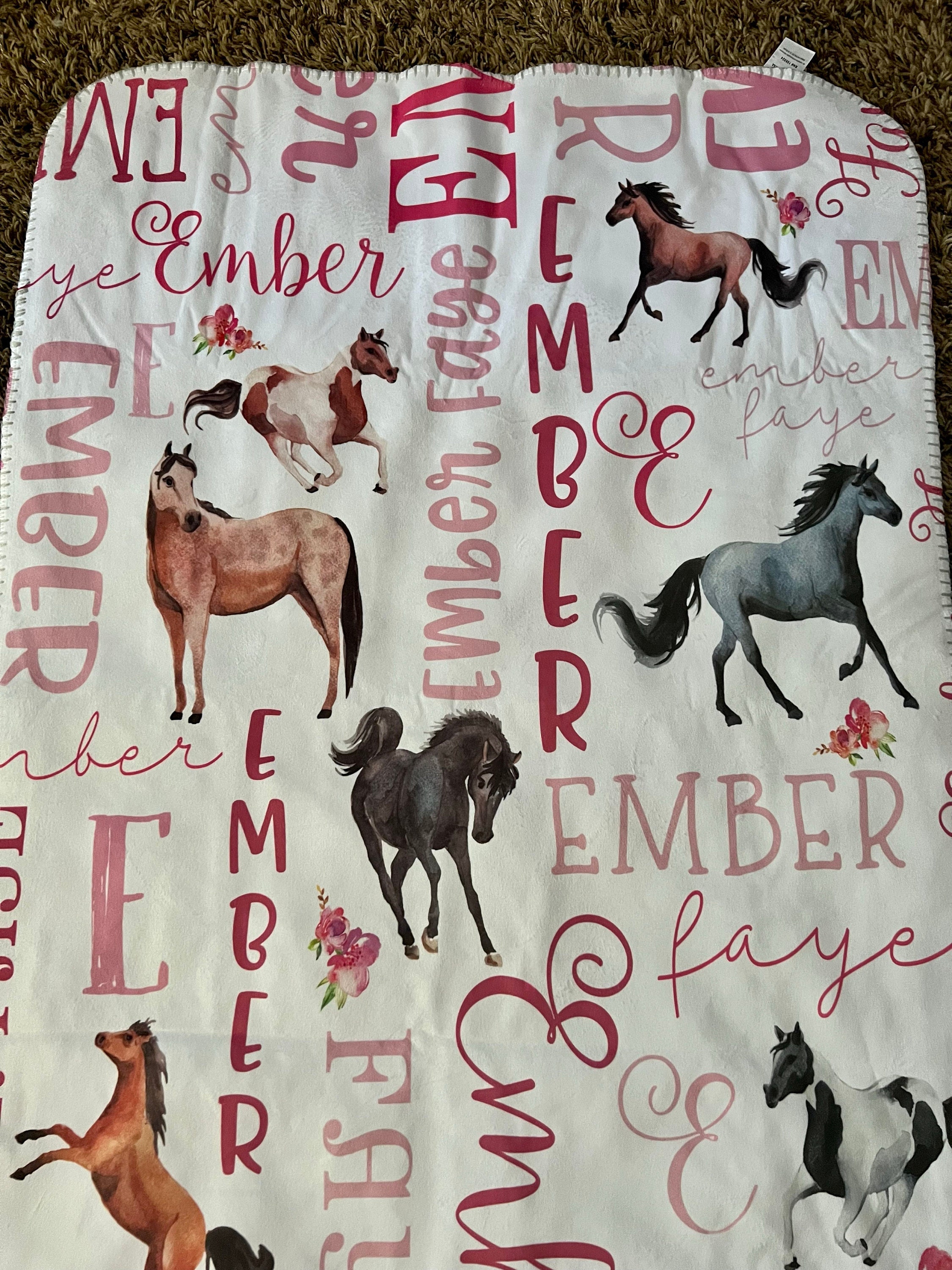 Personalized Horse Baby Blanket - Horse Sherpa Throw Blanket -  Personalized Baby Girl Blanket - Floral Horse Personalized Baby Blanket
