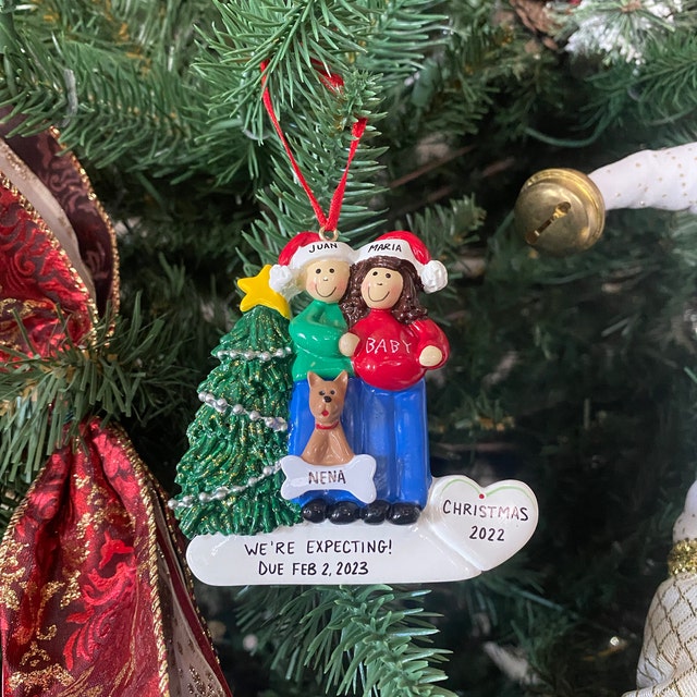 Expecting Couple Ornament With Dog or Cat Added Expecting Couple Personalized Ornament With Pet Added Pregnant Couple Ornament Etsy