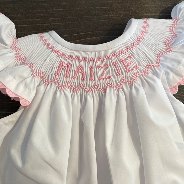 Smocked Dress/personalized/name/white/pink/pink Rick Rack Angel Sleeves ...