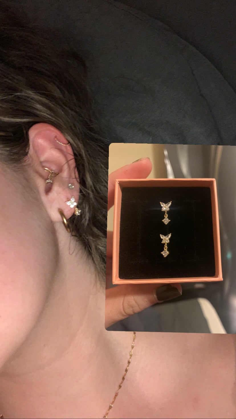 Butterfly hoop earrings - Cartilage hoop earrings - Cz dangle charm hoops - Cz earrings - Minimalist earrings - Tiny Hoop Earrings