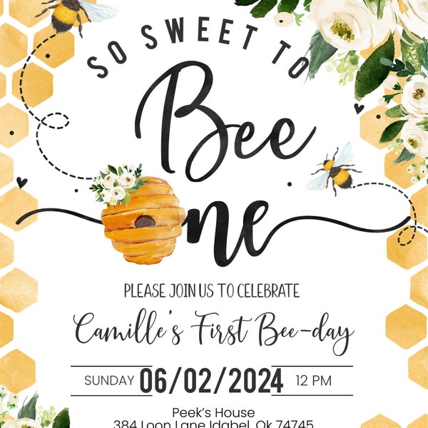 Editable Bee Birthday Invitation Honey Bee Birthday Party Bee 1st ...