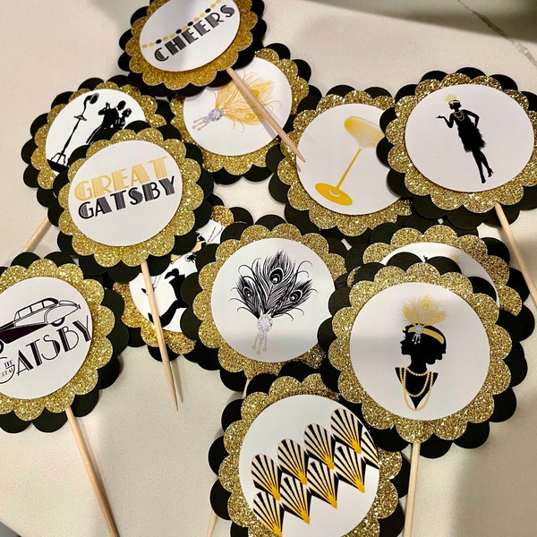 Gatsby Party Cupcake Toppers, New Years Tags, Great Gatsby Birthday ...