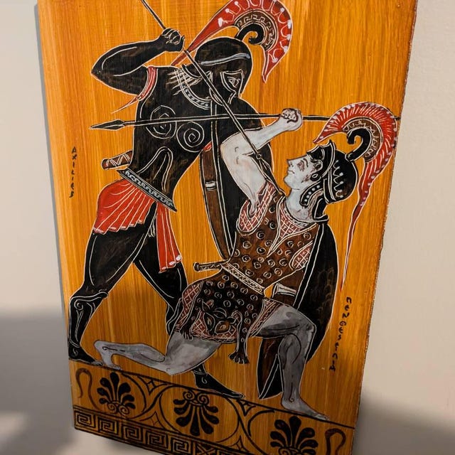 アキレスとペンテシレイア 手作りの壁掛け木製絵画 古代ギリシャ神話