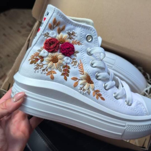 Wedding Converse for Bride, Fall Rustic Flower Embroidered Converse ...