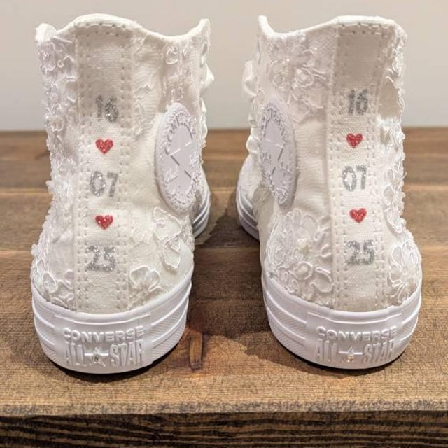 Luxury White Wedding Trainers for Bride, Lace Converse High