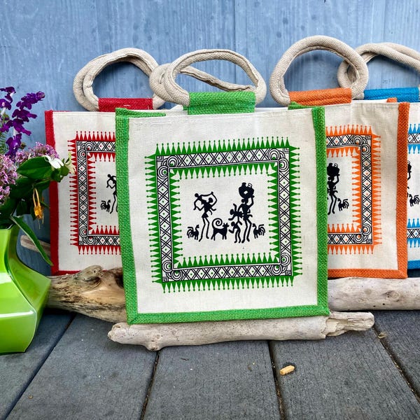 Handprint Dream Apparel Jute Bag in Blue