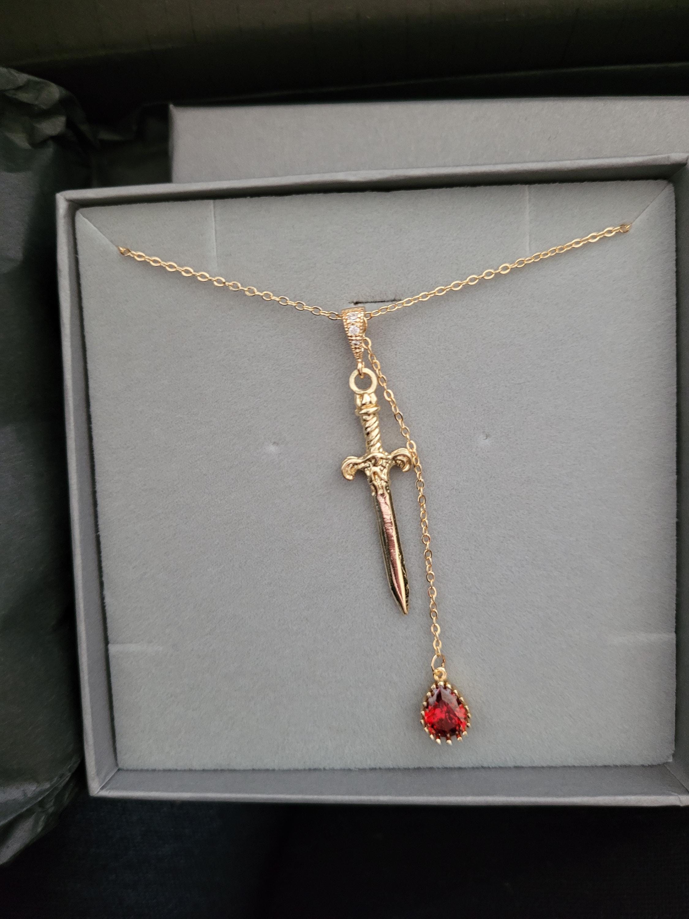 Sword and Blood Drop Necklace / Gold or Silver, Black Deep Red Teardrop Necklace