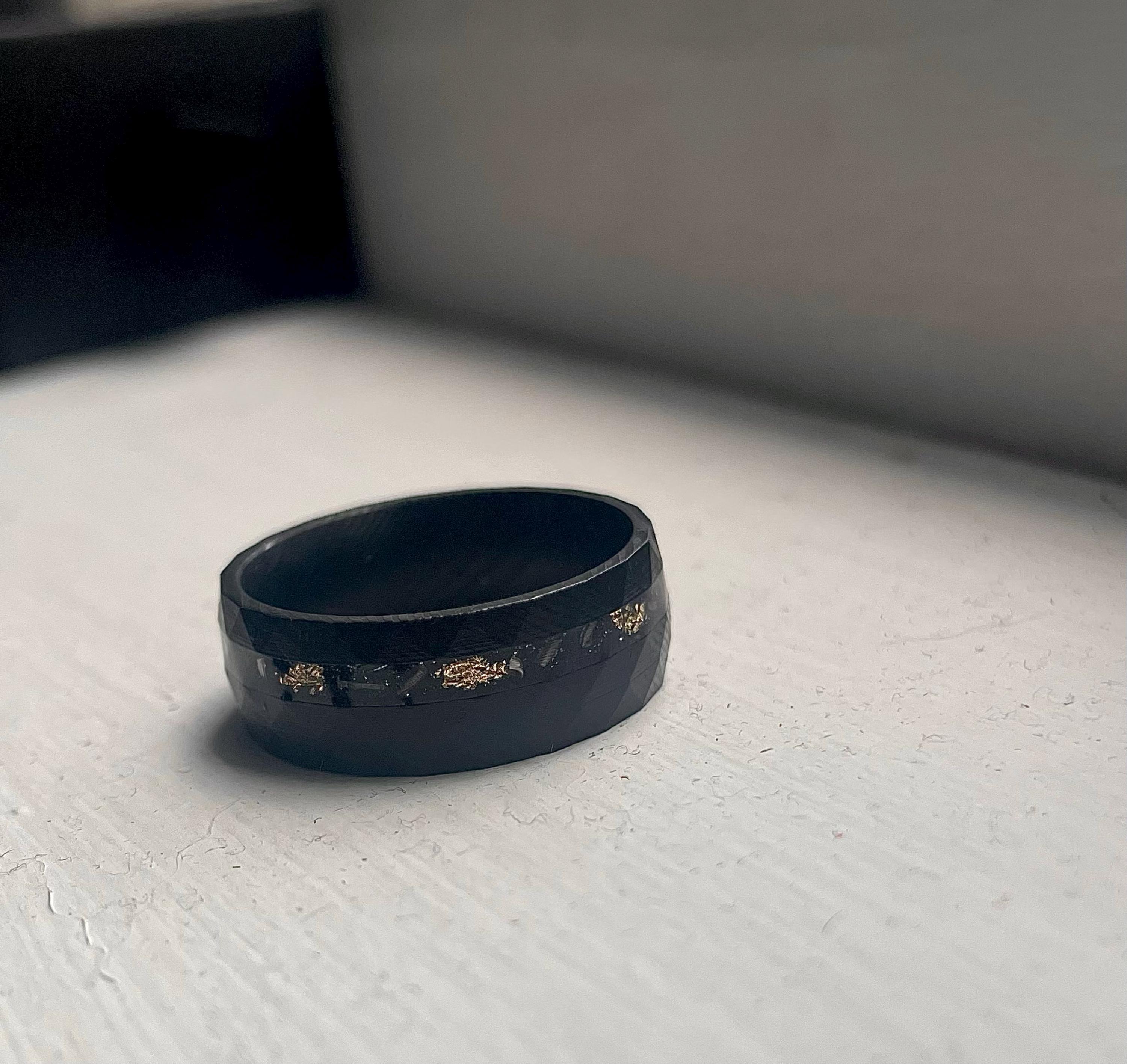 Damascus Meteorite & Crushed Gold Leaf, Crushed Gold Leaf Ring, Meteorite Ring, Man Wedding Band, Black Steel Hammered Ring, 8mm Ring
