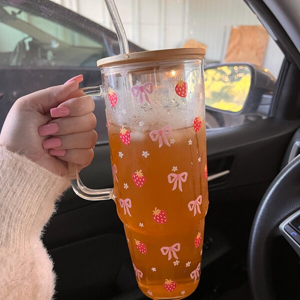 Strawberry Glass Cup, Large Glass Cup With Handle & Lid and Straw, Cute ...