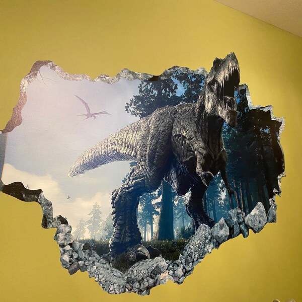 Dinosaur Wall Decal - T-rex 3D Smashed Wall Art Sticker Kids Room Decor ...