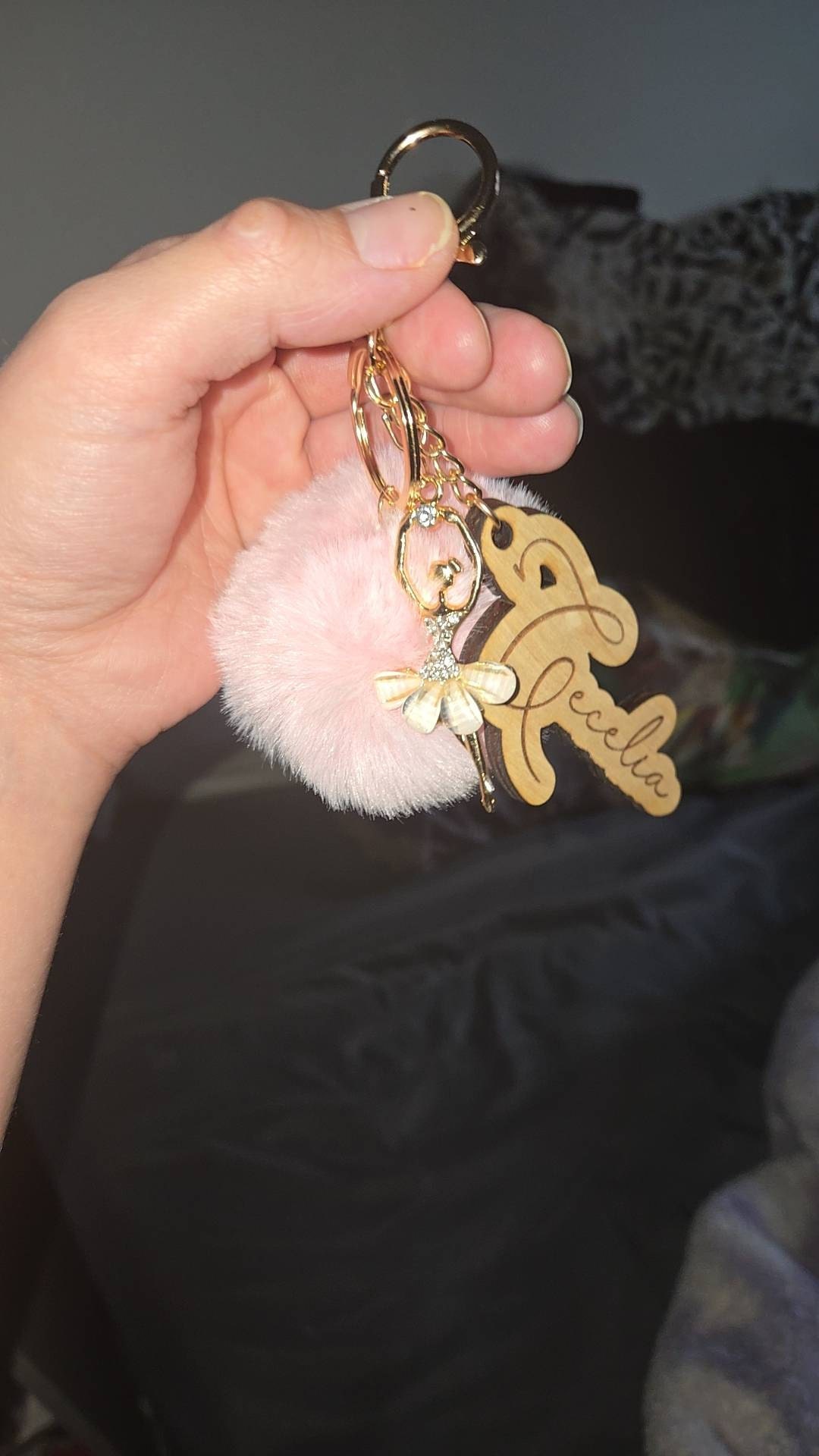 Ballerina keychain/ bag tag| personalized wooden name | Ballerina charm pom pom