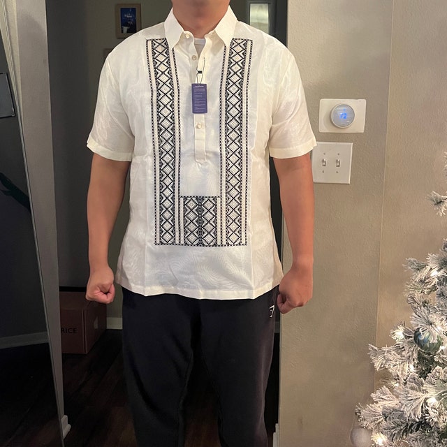modern filipiniana dress for male BARONG TAGALOG Short Sleeves Filipino National Costume Filipiniana Formal  Dress for Men - Black on Beige NCSSB2