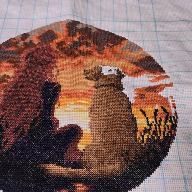 夕焼けのクロスステッチ パターン、女の子と犬の手刺繍、xstitch PDF