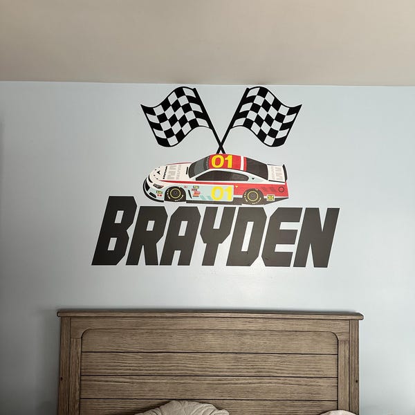 Personalized Name Wall Decal With Race Car - Checkered Flag Custom Name ...