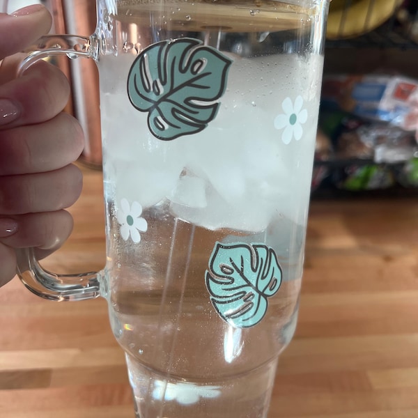 Flower Glass Cup, Large Glass With Handle, Trendy Cup With Lid and ...