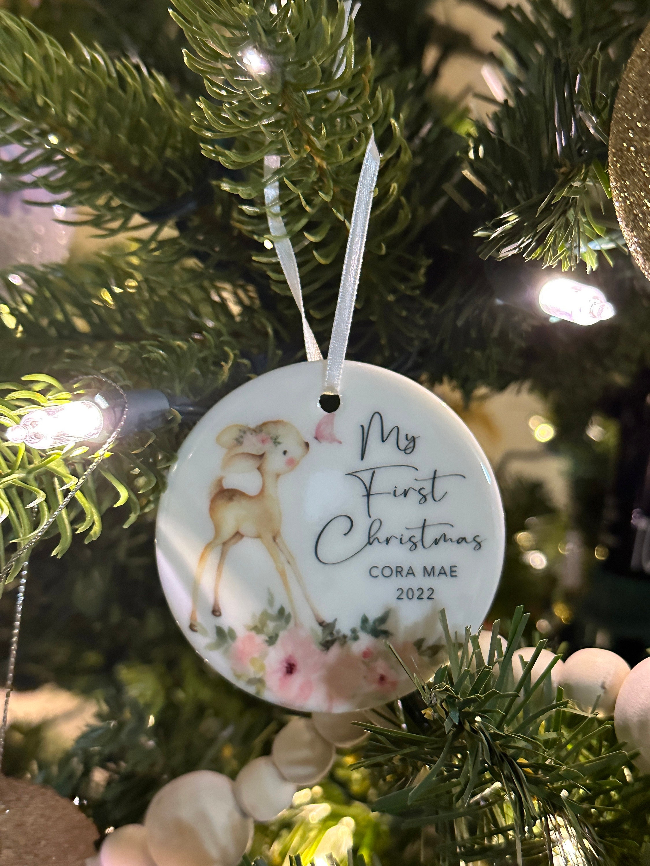 Baby&#39;s First Christmas Ornament - Personalized Baby Girl Deer Christmas Ornament