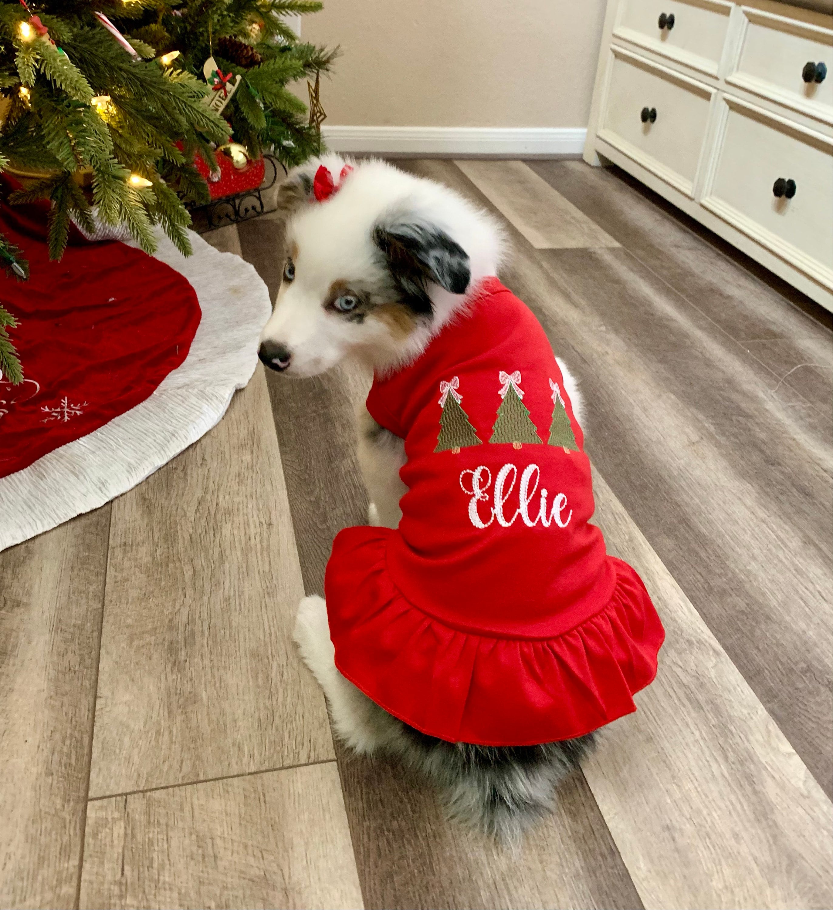 Christmas Dog Shirt or Dress, Christmas Bow Tree Sketch Trio Monogrammed Shirt, Beautiful Personalized Embroidered Holiday Puppy Clothing
