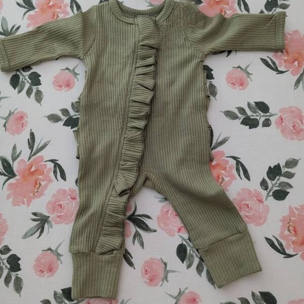 Baby Name Newborn Waffle Knit Ruffled Footie With Bow Baby Girl