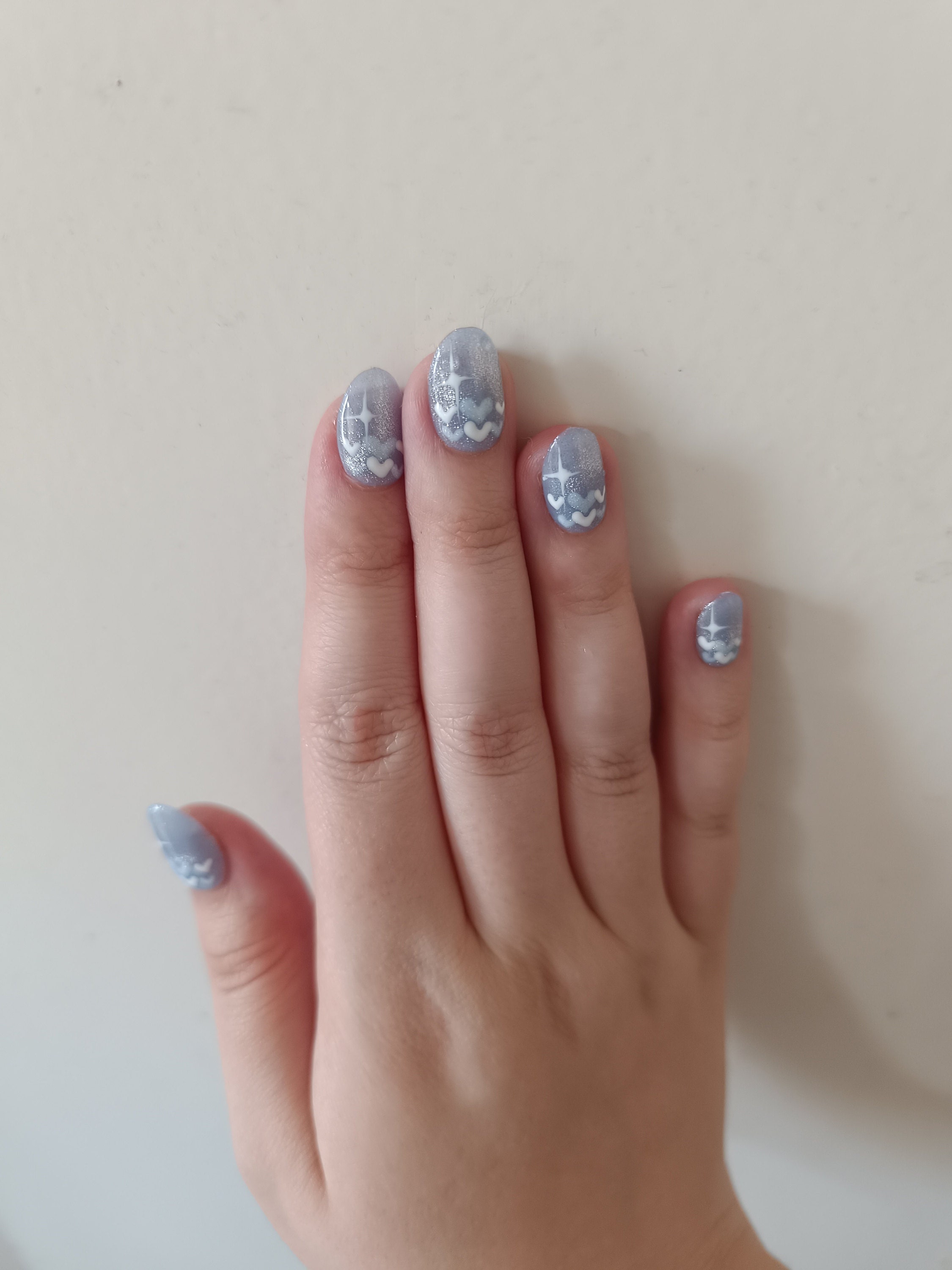 New Version | Short Baby Blue Reflective Cat Eye Little Heart Press On Nails | Gel Nails | Heart Nails | Cat Eye Nails | lmz142