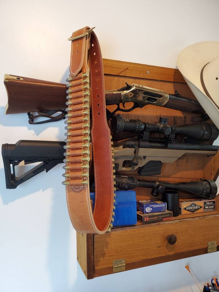 Cartridge Belt 2-1/4&quot; 2 PLY Our Finest Quality Leather Blk, Dk Brn, Russ, Nat Oil, Custom work for the Single Action Shooting Society. USA